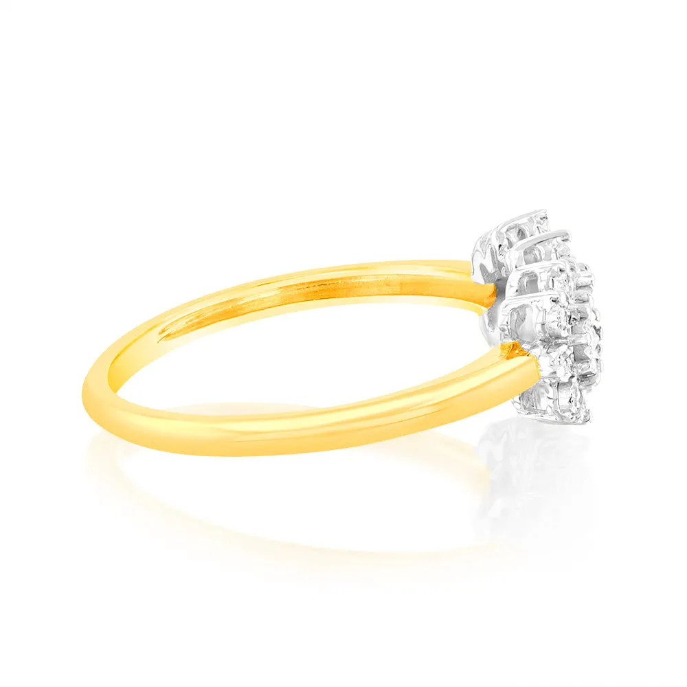 1/10 Carat Diamond Ring with 19 Round Brilliant Diamonds in 9ct Yellow Gold
