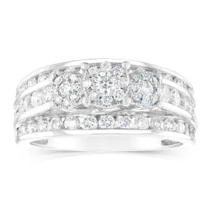 14ct White Gold 1.5 Carat Diamond Trilogy Ring with 3 Round Brilliant Cut Diamonds Surrounded by Diamond Halos and Channel Set Band