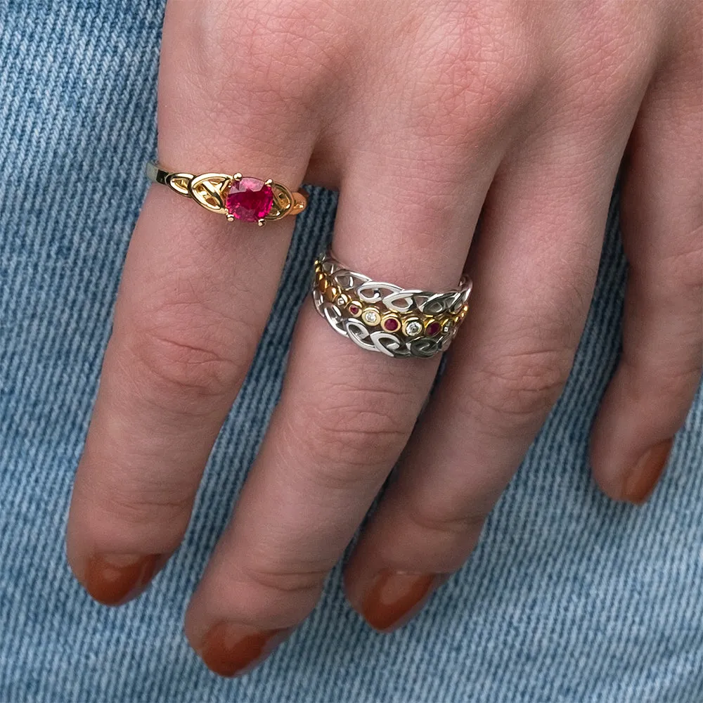 14k White and Yellow Gold with Cushion Cut 1.52ct Mozambique Ruby Trinity Ring