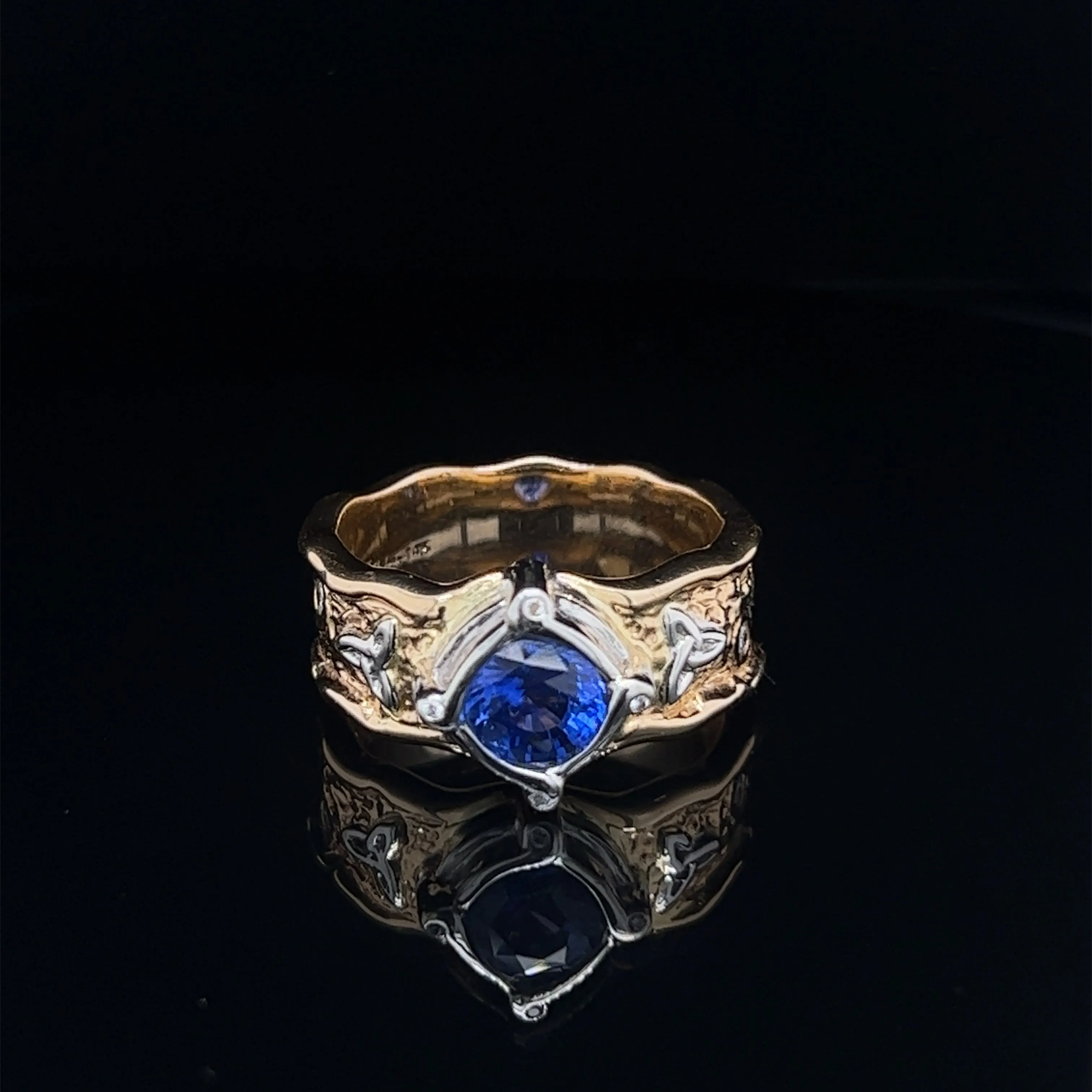 14k Yellow and White Gold Ring with Ceylon AAA Blue Sapphire 'Rocks 'n Rivers' Ring