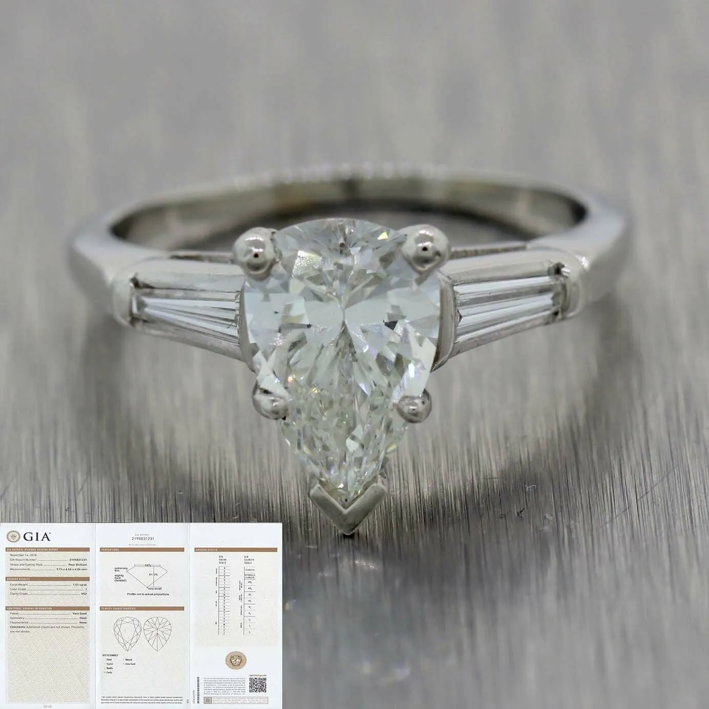 1.51ct Pear Shape Platinum Tapered Baguette 1.61ctw GIA Diamond Engagement Ring