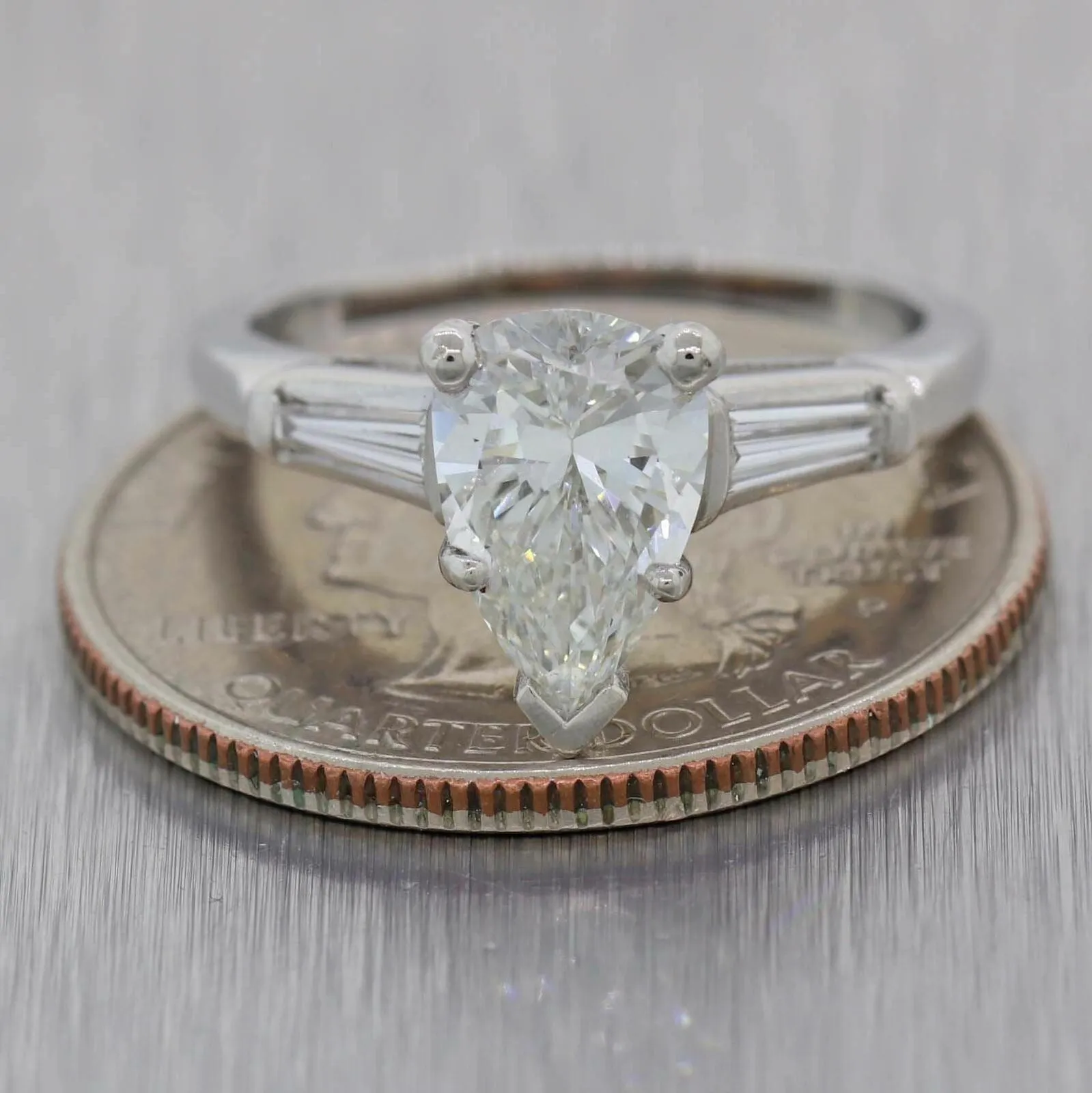1.51ct Pear Shape Platinum Tapered Baguette 1.61ctw GIA Diamond Engagement Ring