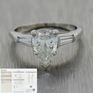 1.51ct Pear Shape Platinum Tapered Baguette 1.61ctw GIA Diamond Engagement Ring