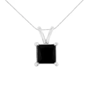 .925 Sterling Silver Treated Black Princess Diamond Solitaire Pendant Necklace