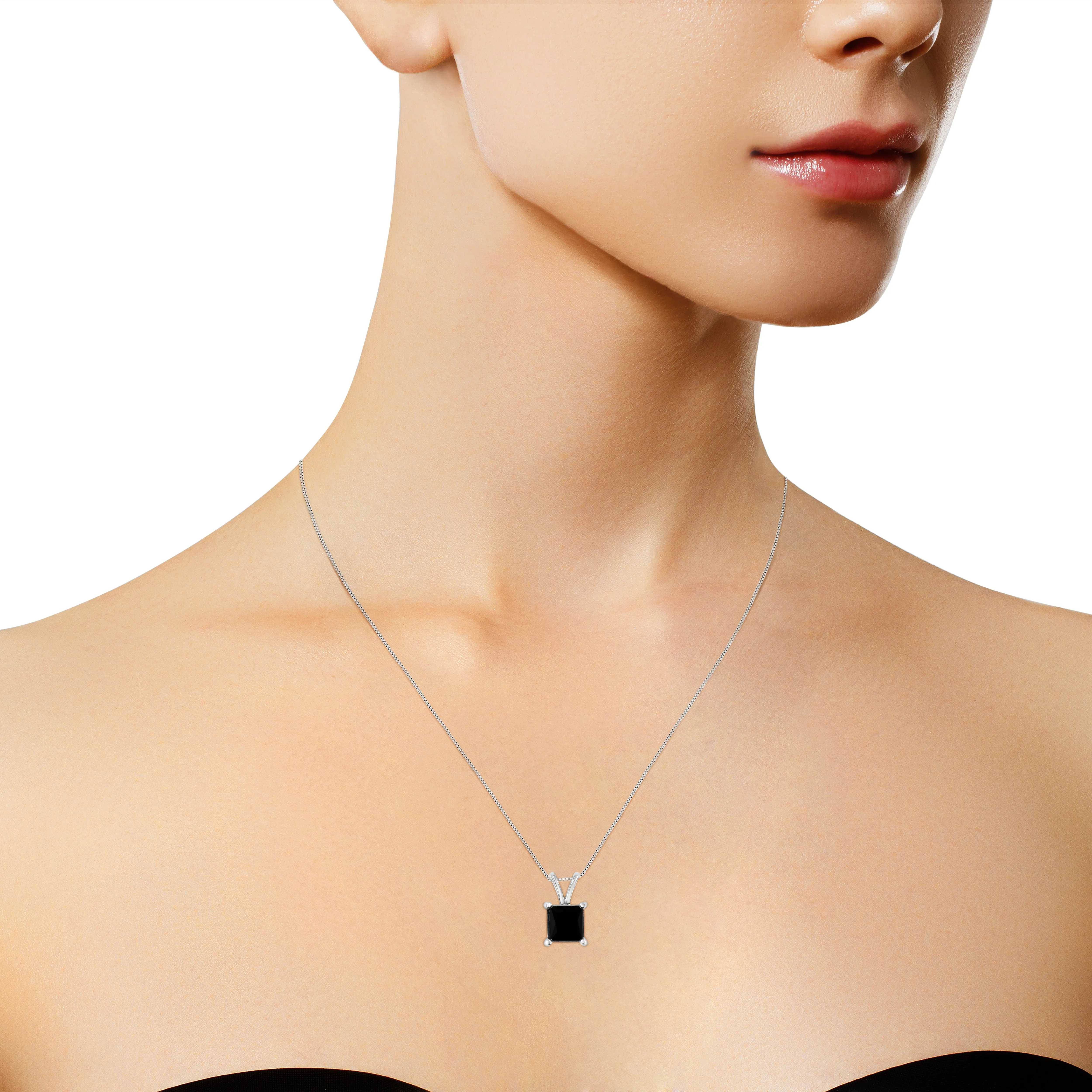 .925 Sterling Silver Treated Black Princess Diamond Solitaire Pendant Necklace