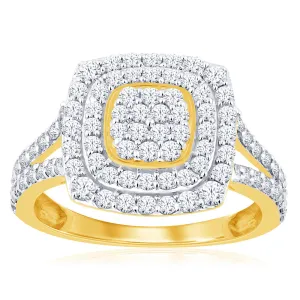 9ct Yellow Gold 1 Carat Diamond Cushion Shape Cluster Ring