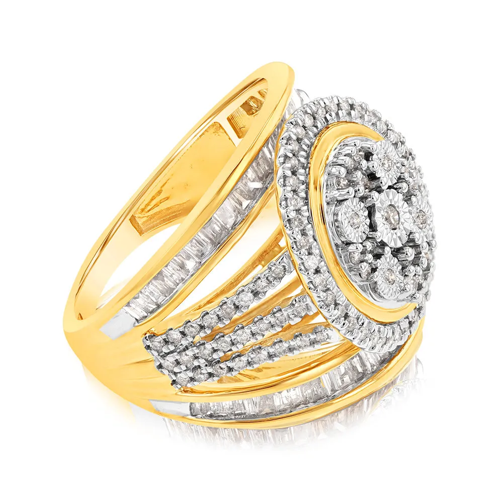 9ct Yellow Gold 1 Carat Diamond Oval Cushion Shape Cluster Dress Ring