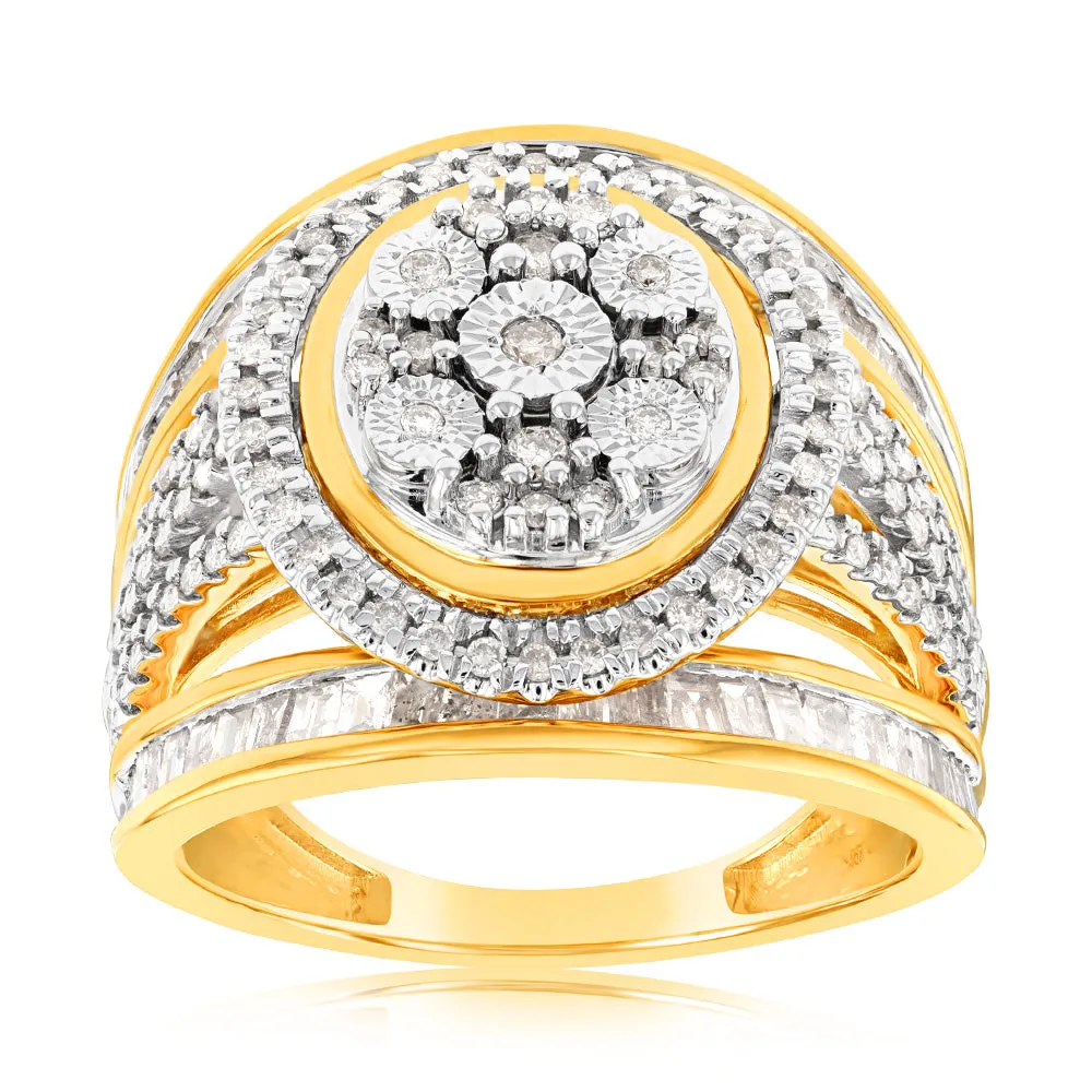 9ct Yellow Gold 1 Carat Diamond Oval Cushion Shape Cluster Dress Ring