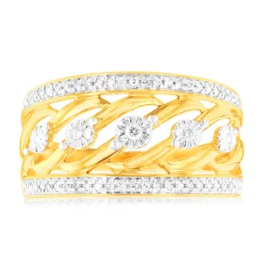 9ct Yellow Gold 1/10 Carat Diamond Ring set with 55 Round Brilliant Cut Diamonds in Disc Setting