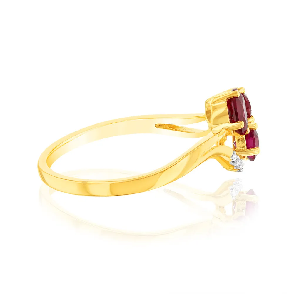 9ct Yellow Gold 1.19Ct Created Ruby & 5 Diamond Ring