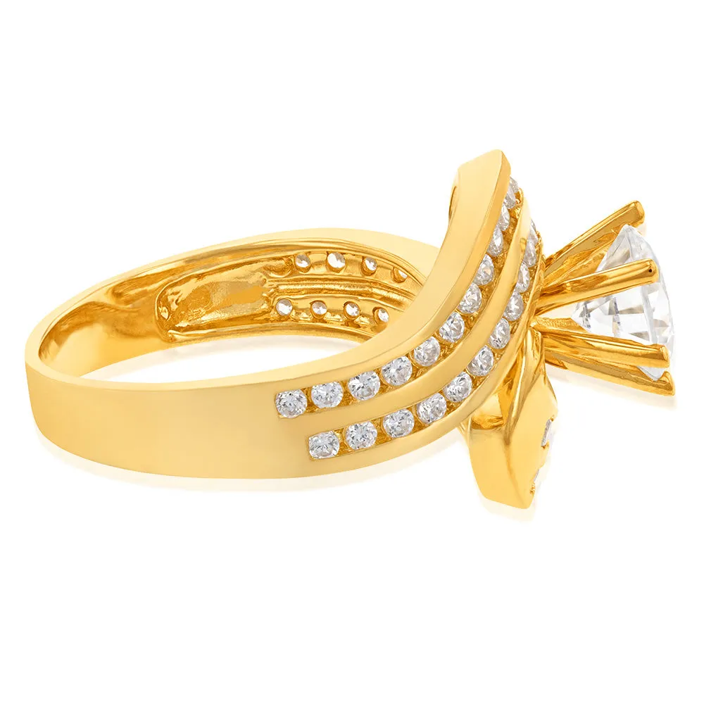 9ct Yellow Gold 2 Row Cubic Zirconia Twist Solitaire Ring