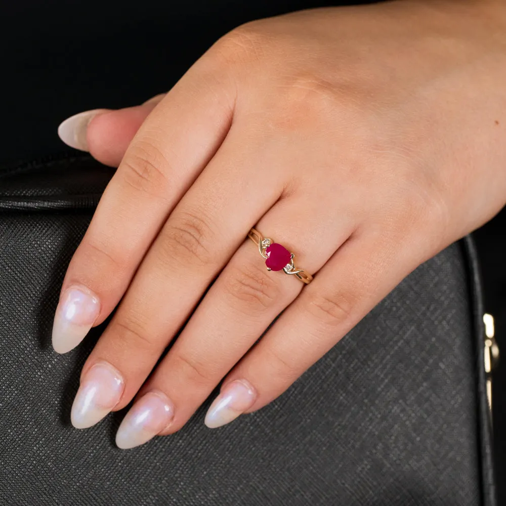 9ct Yellow Gold 7mm Created Heart Ruby And Diamond Ring