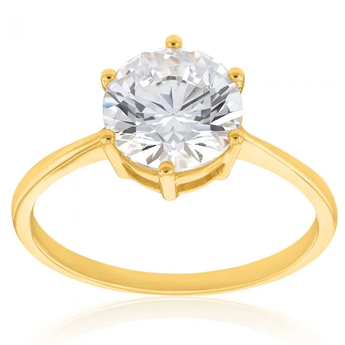 9ct Yellow Gold 8mm Zirconia 6 Claw Solitaire Ring