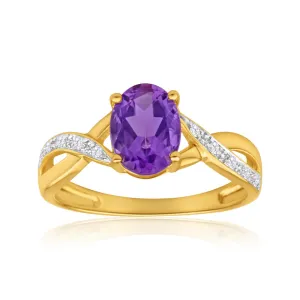 9ct Yellow Gold Amethyst   Diamond Cross Over Ring