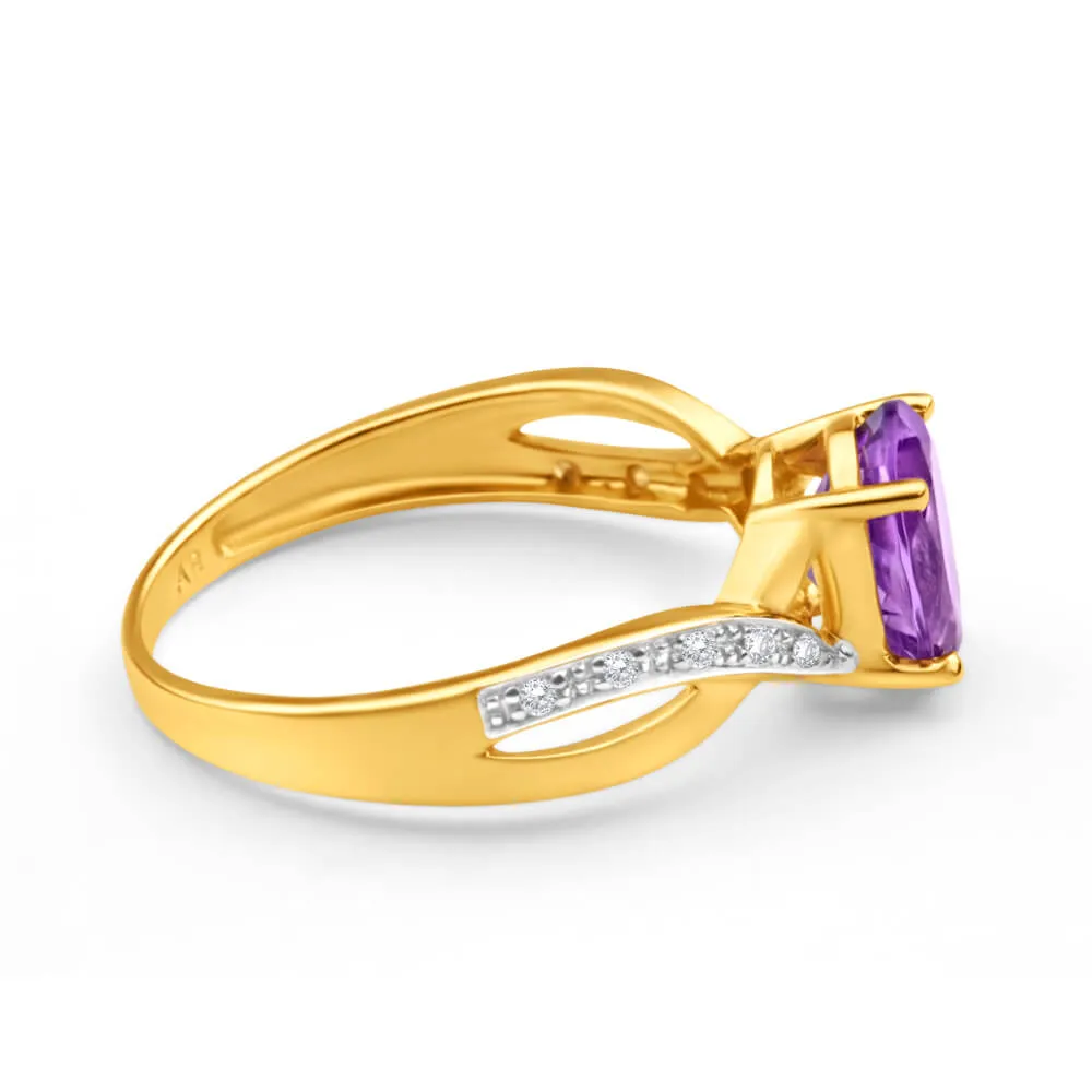 9ct Yellow Gold Amethyst   Diamond Cross Over Ring