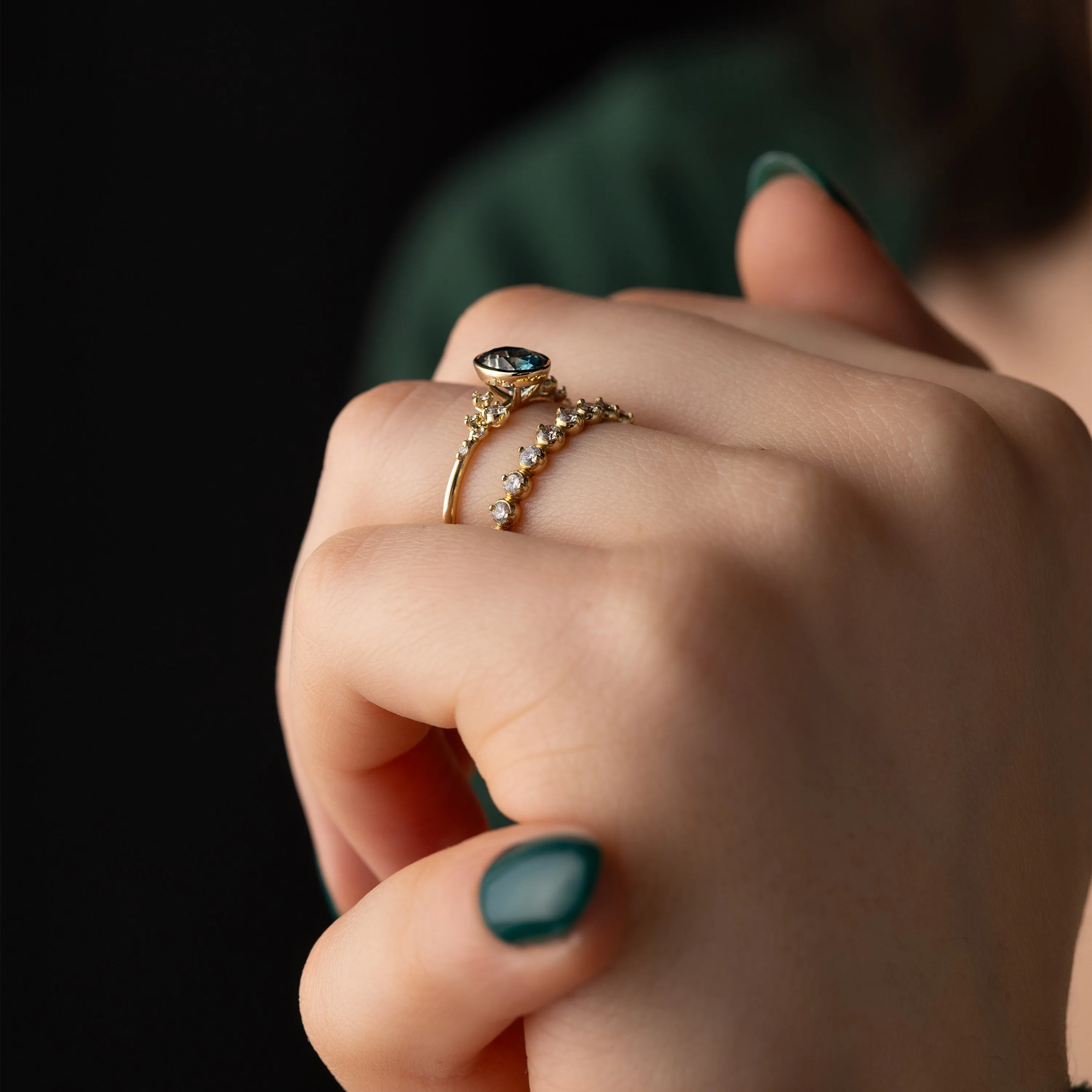 Bezel Snowdrift Ring, 1.14ct. Greenish-Blue Montana Sapphire