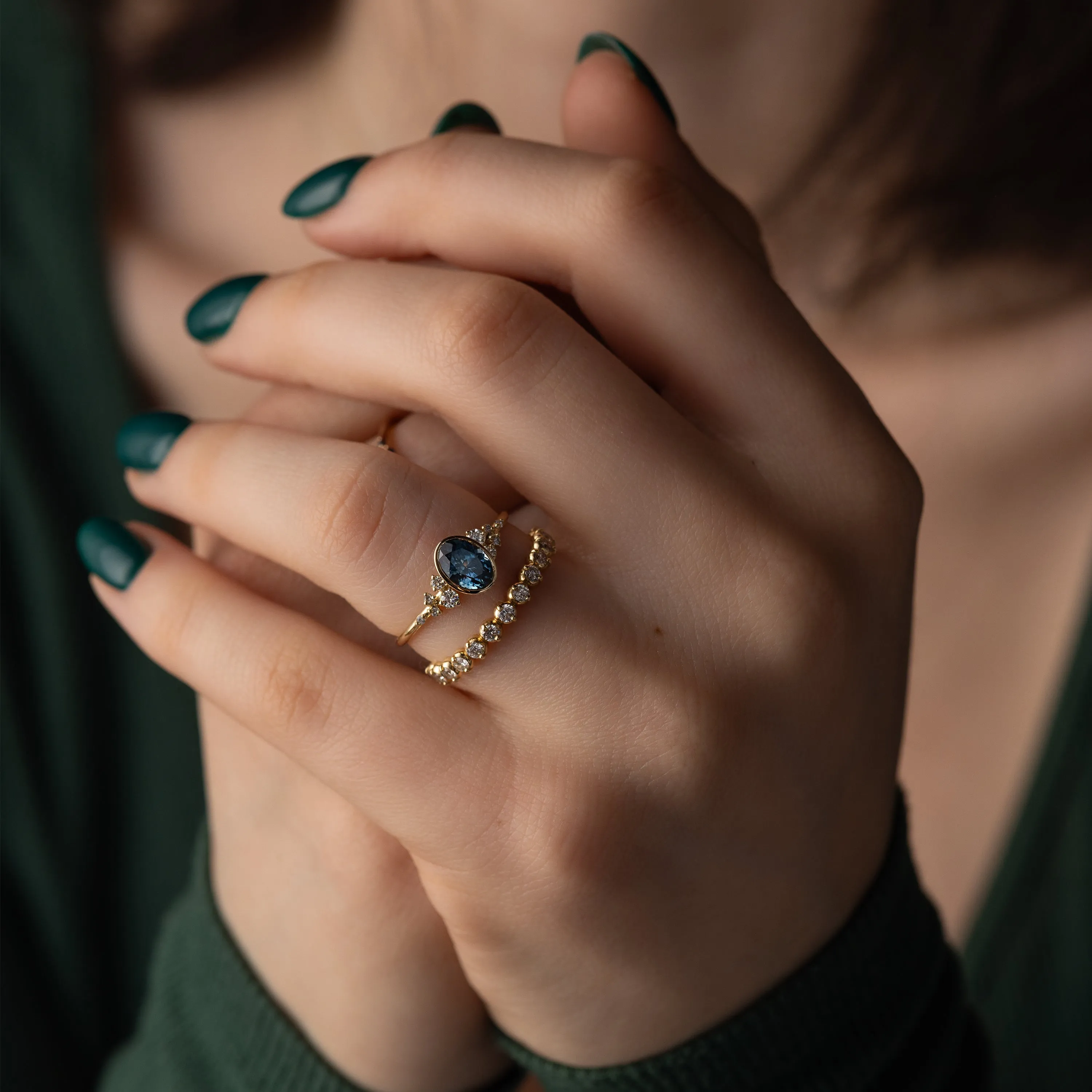 Bezel Snowdrift Ring, 1.14ct. Greenish-Blue Montana Sapphire