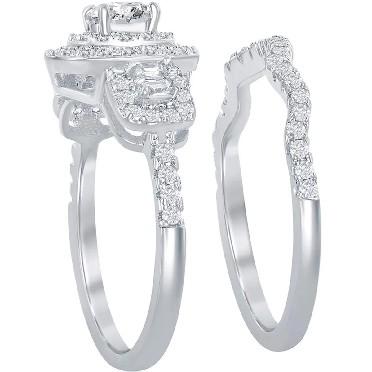 Classic Women's Double Halo White CZ Ring Set - W-2407