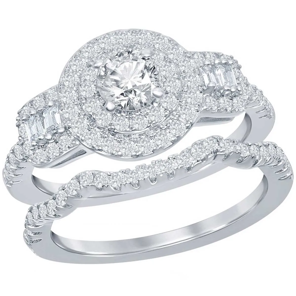 Classic Women's Double Halo White CZ Ring Set - W-2407