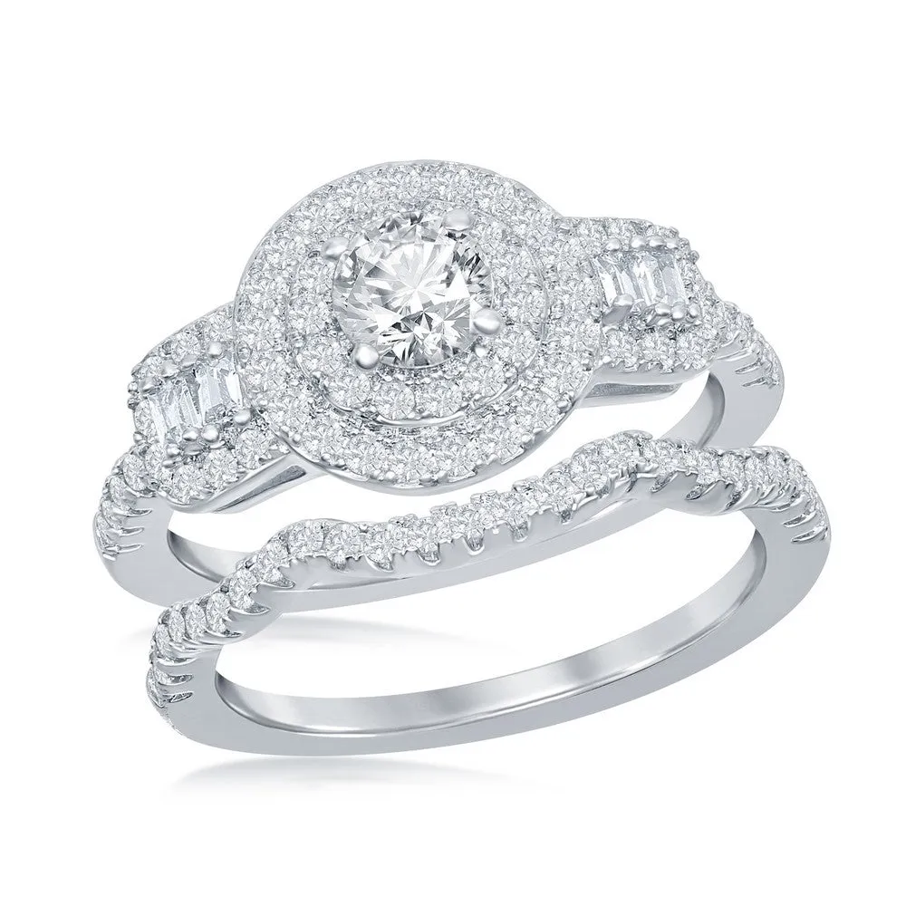 Classic Women's Double Halo White CZ Ring Set - W-2407