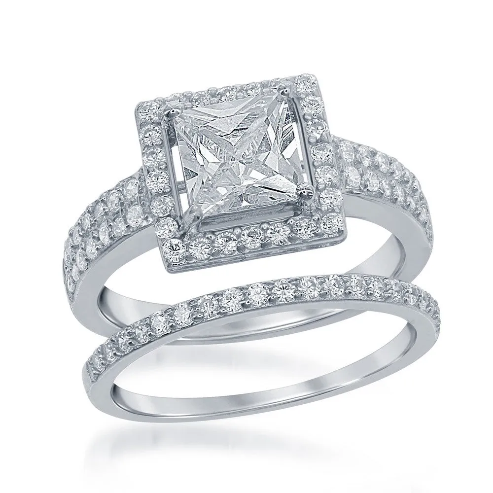 Classic Women's Square CZ Engagement Ring Set - W-1370
