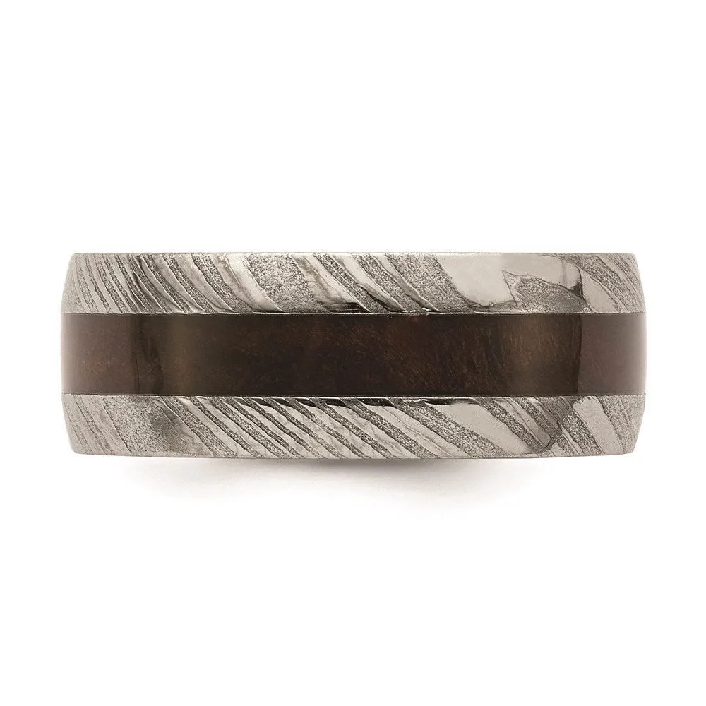 Damascus Steel Polished with Wood Inlay 8mm Band | SR678
