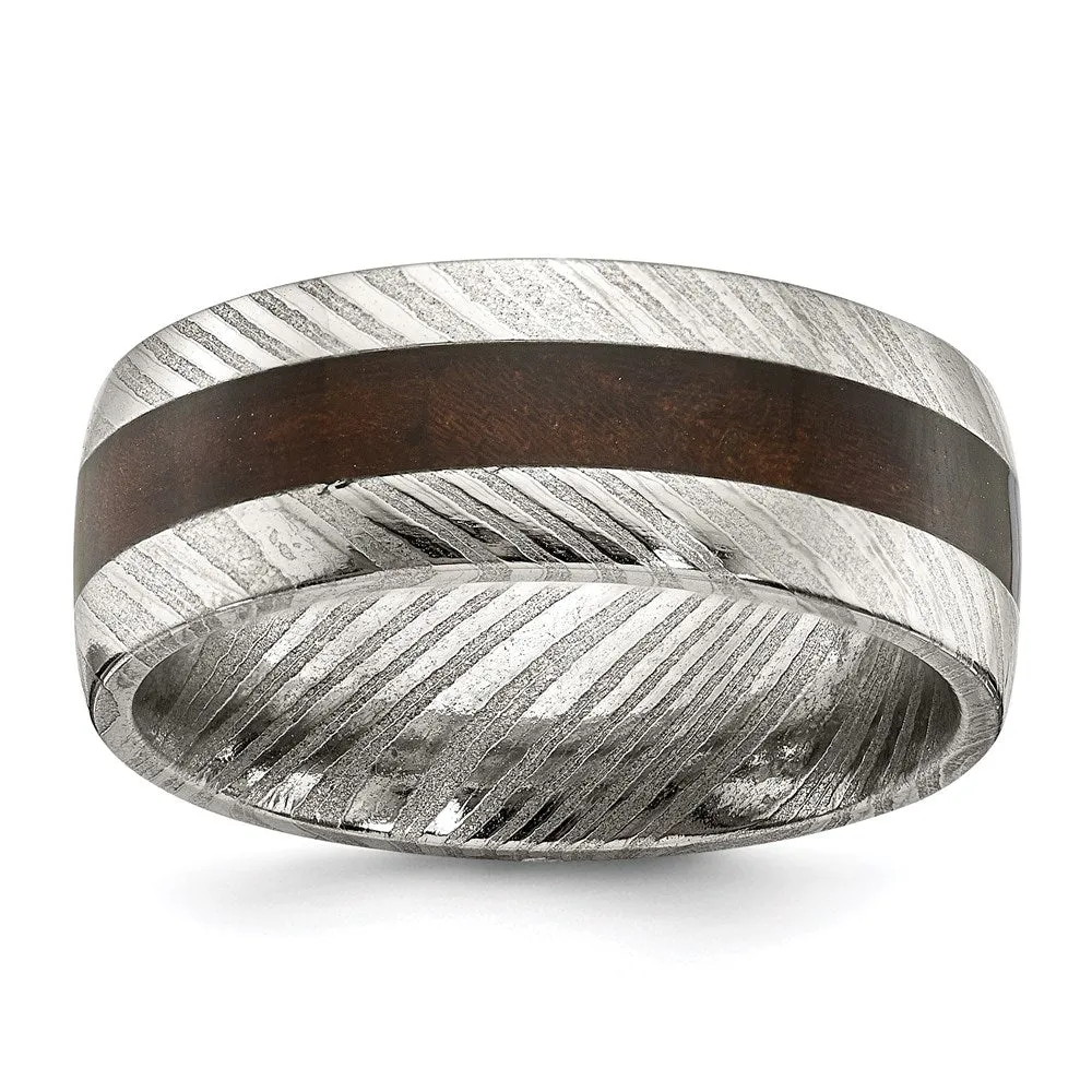 Damascus Steel Polished with Wood Inlay 8mm Band | SR678