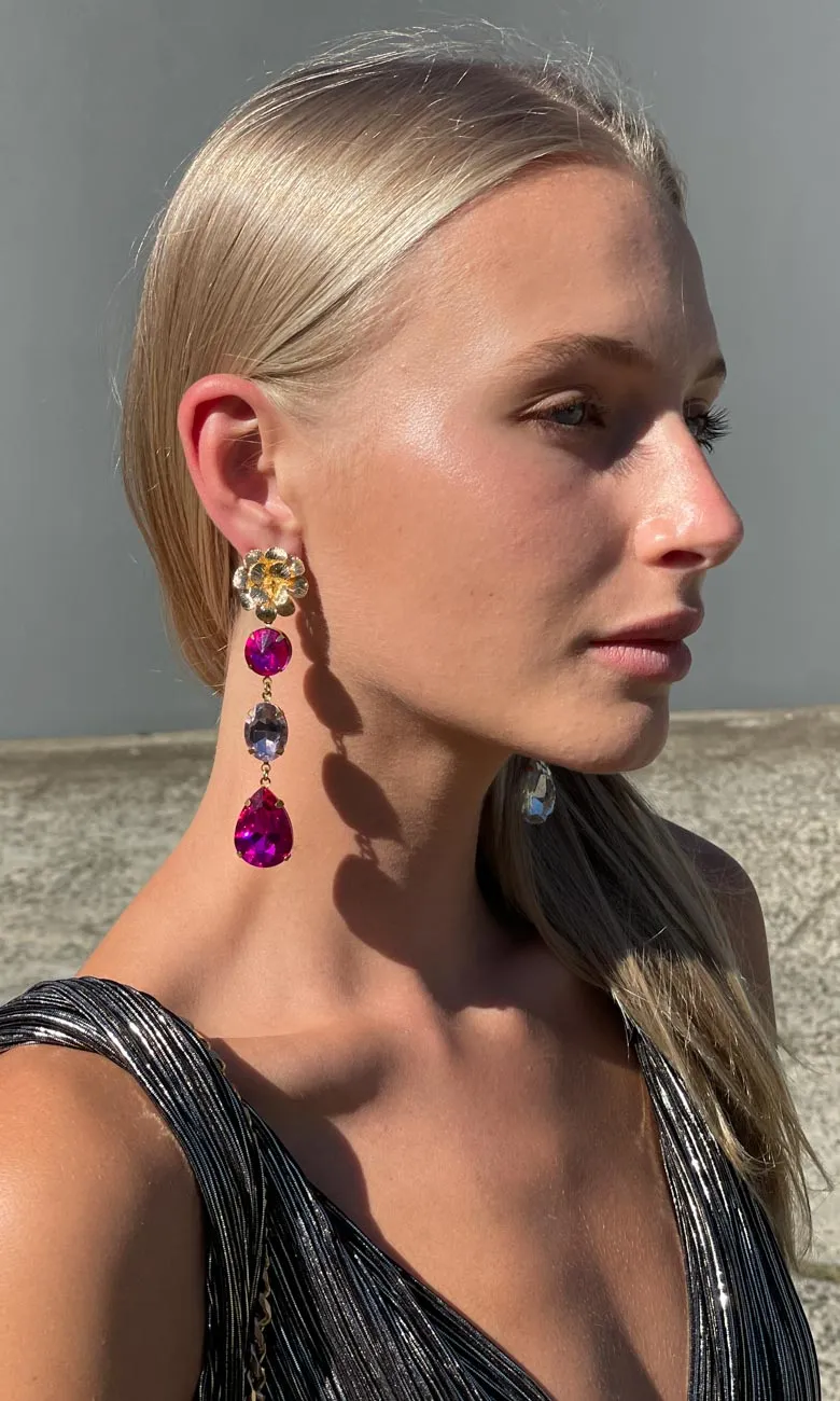 Fleur Triple Drop Earrings - Magenta