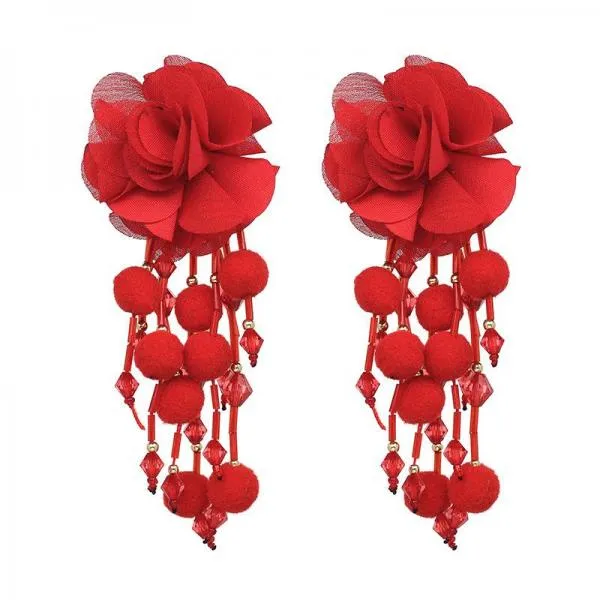 Flower Tassel Plush Ball Earrings