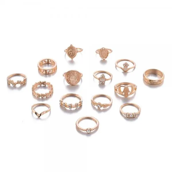 Leaf Hollow Ring Set 15 Pcs/set Geometric Crystal Ring Set