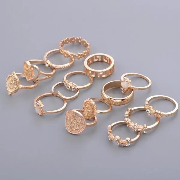 Leaf Hollow Ring Set 15 Pcs/set Geometric Crystal Ring Set