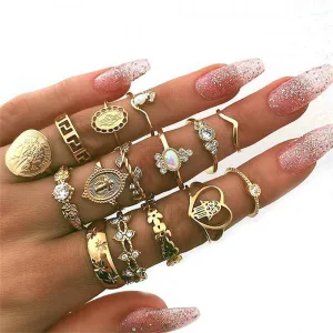 Leaf Hollow Ring Set 15 Pcs/set Geometric Crystal Ring Set