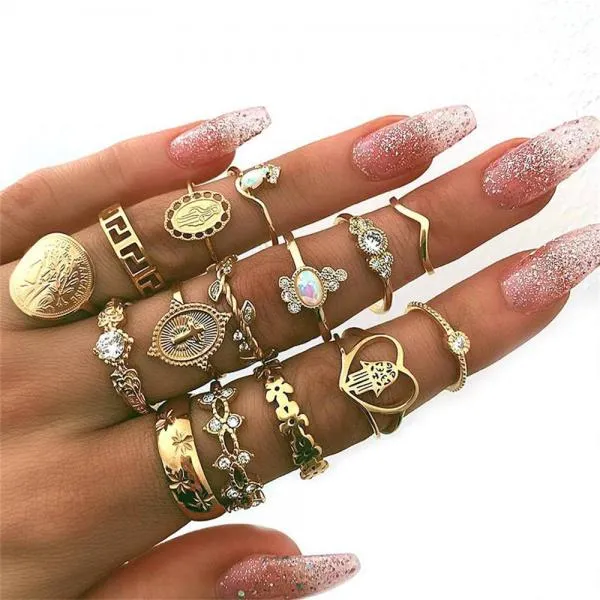 Leaf Hollow Ring Set 15 Pcs/set Geometric Crystal Ring Set