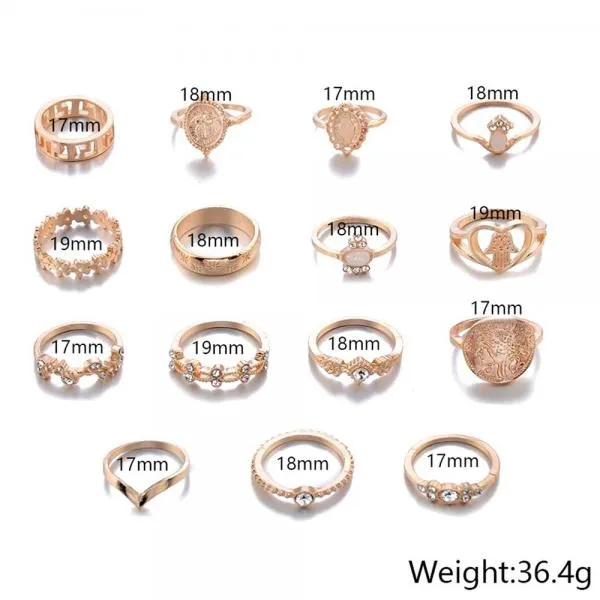 Leaf Hollow Ring Set 15 Pcs/set Geometric Crystal Ring Set