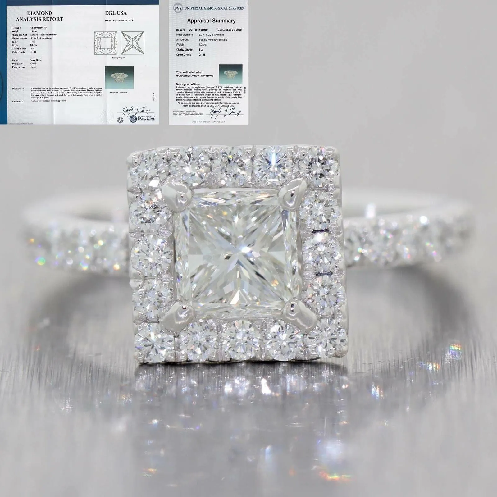 Princess Cut 1.02ct EGL Platinum Diamond Halo 1.82ctw Engagement Ring t1