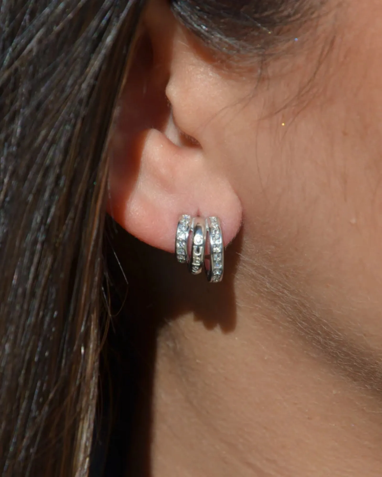 Rhodium Triple Mini Hoop Stud Earrings