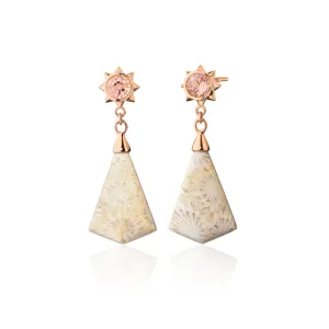 Special Edition "Star Dust" Petrified Coral Drop Earrings with Autumn Tourmaline
