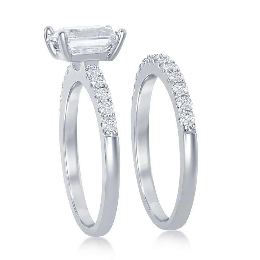 Sterling Silver Princess-Cut Half CZ Band Engagement Ring Set - W-2406