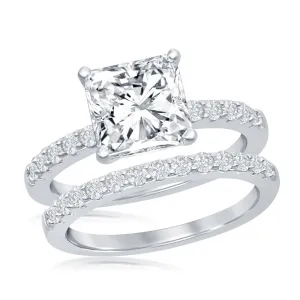 Sterling Silver Princess-Cut Half CZ Band Engagement Ring Set - W-2406
