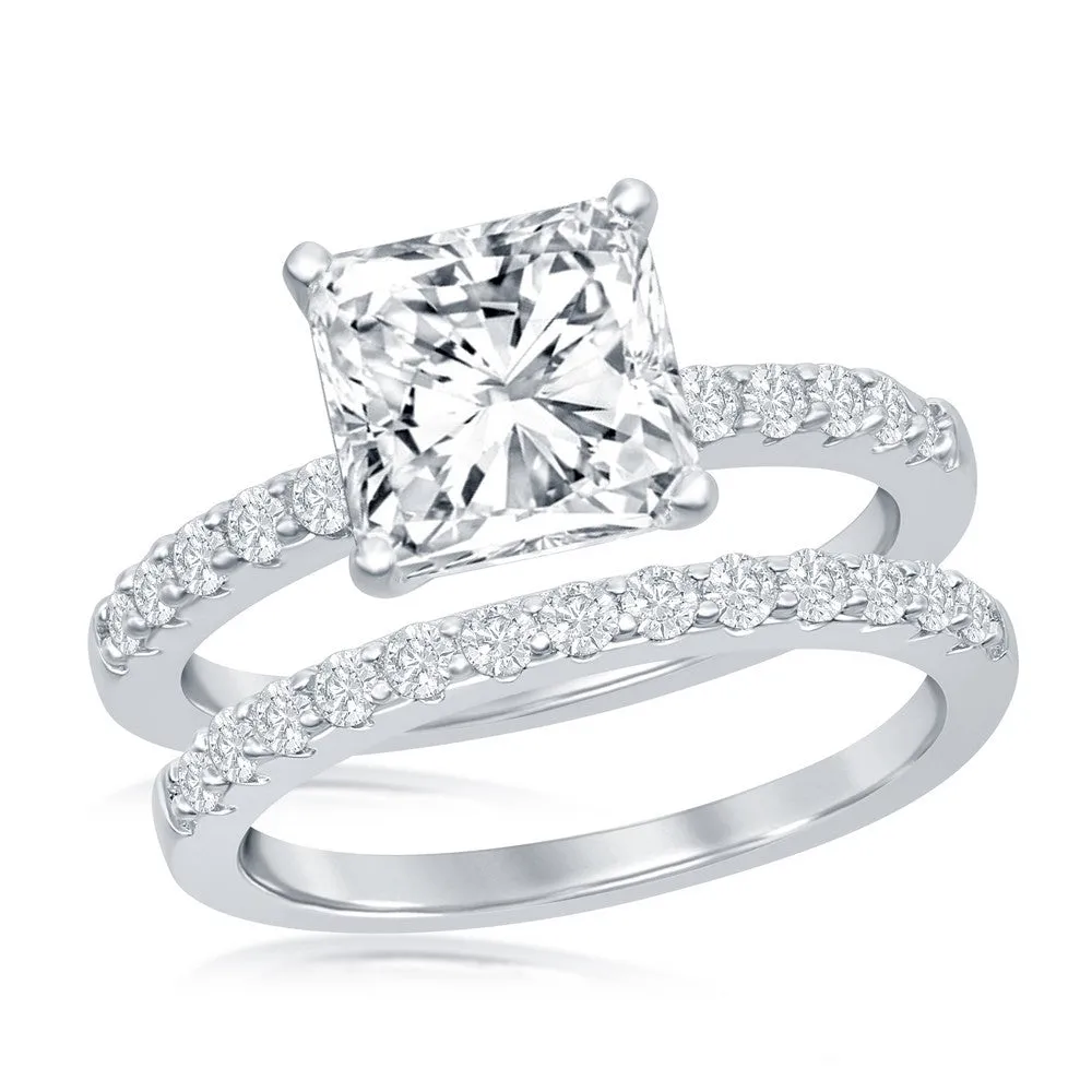 Sterling Silver Princess-Cut Half CZ Band Engagement Ring Set - W-2406