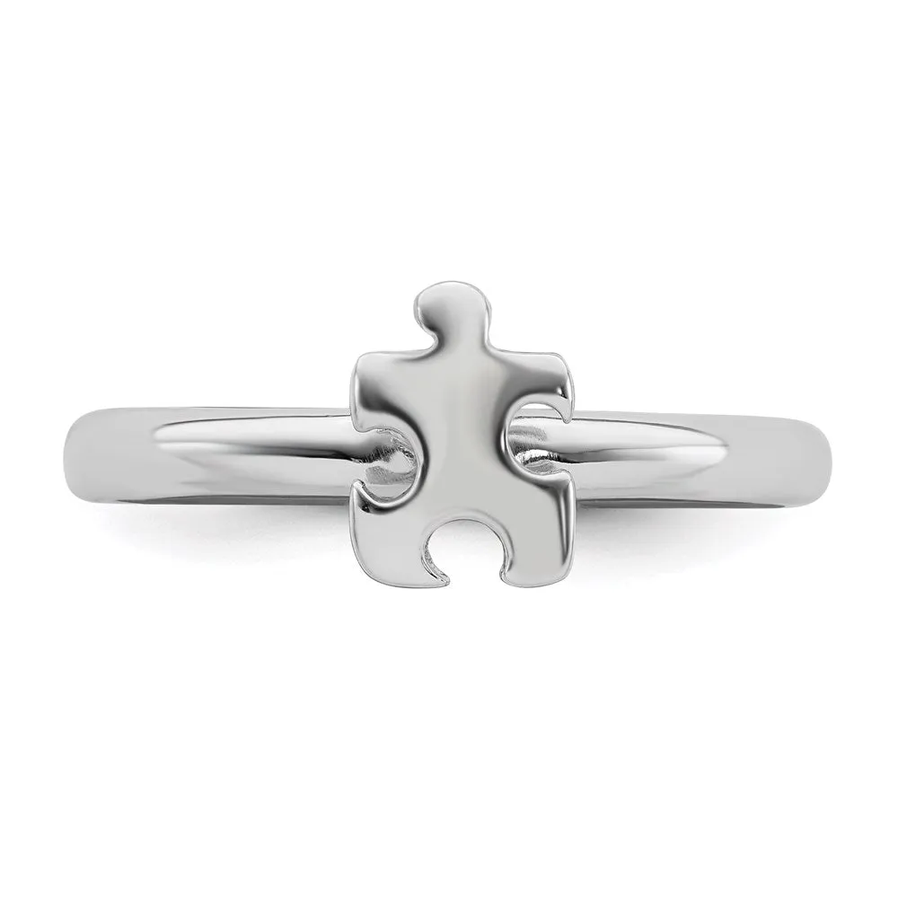 Sterling Silver Stackable Exp. Rhodium-plated Awareness Puzzle Piece Ring | QSK873
