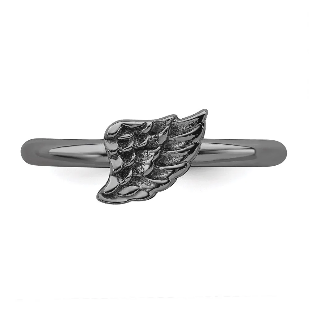 Sterling Silver Stackable Expressions Black-plated Angel Wing Ring | QSK1985