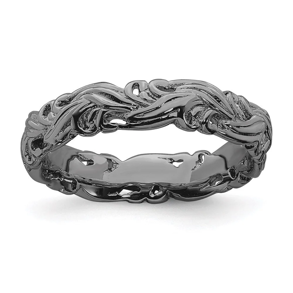 Sterling Silver Stackable Expressions Black-plated Carved Band | QSK1674