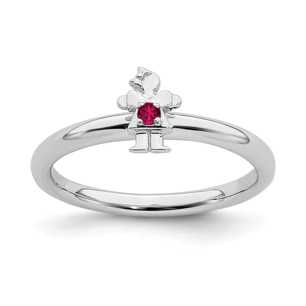 Sterling Silver Stackable Expressions Rhodium Cr. Ruby Girl Ring | QSK1929
