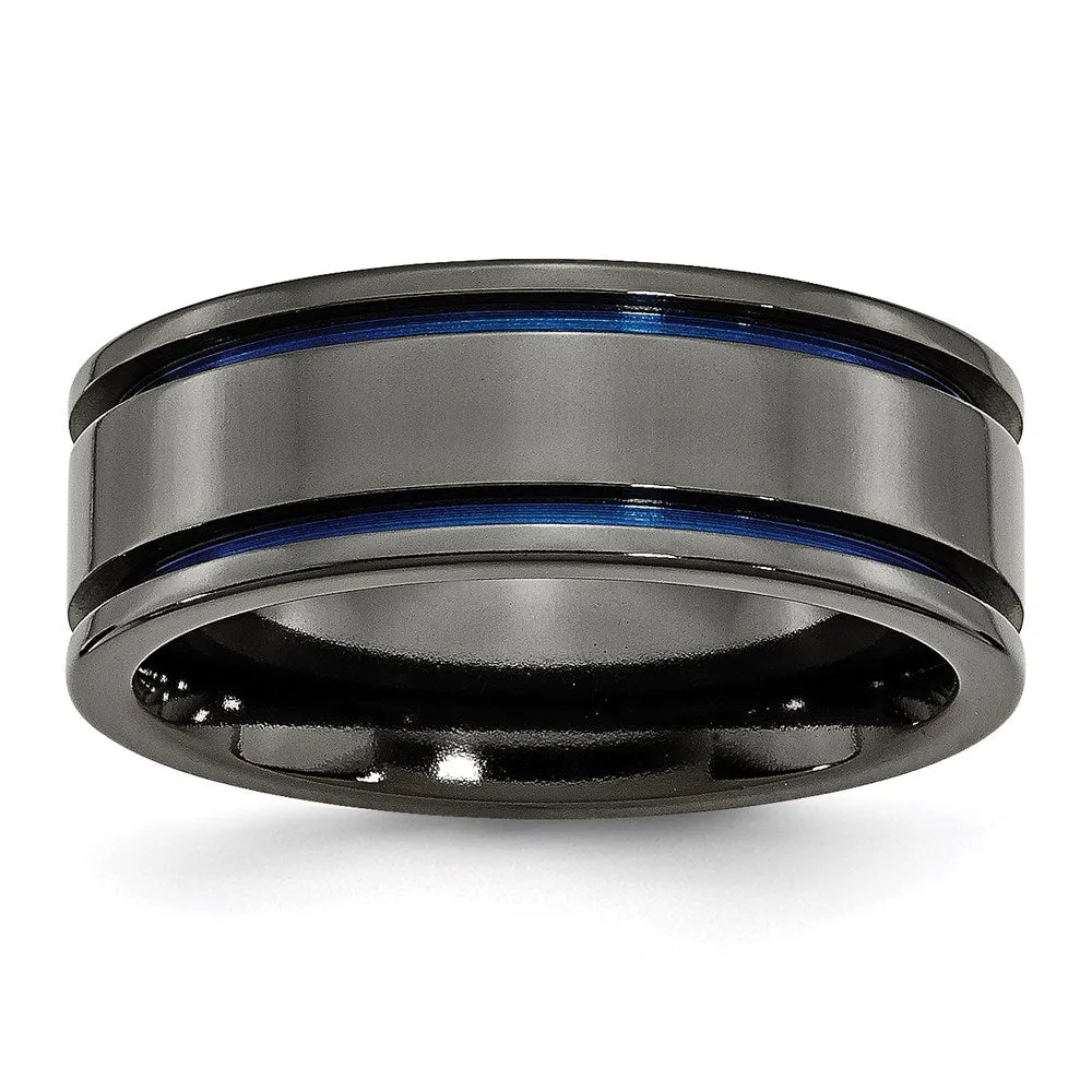 Titanium Black Ti with Blue Anodized Grooves 8mm Polished Band | TB398