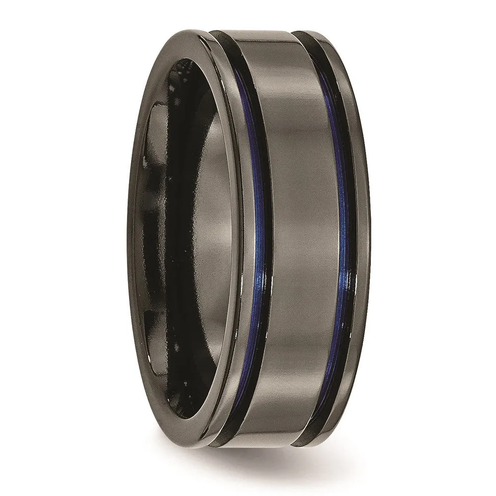 Titanium Black Ti with Blue Anodized Grooves 8mm Polished Band | TB398