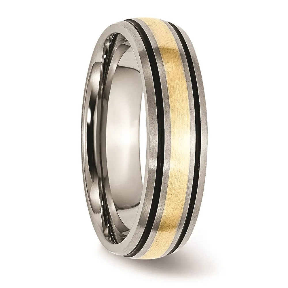 Titanium Grooved 14k Yellow Inlay 6mm Brushed and Antiqued Band | TB108