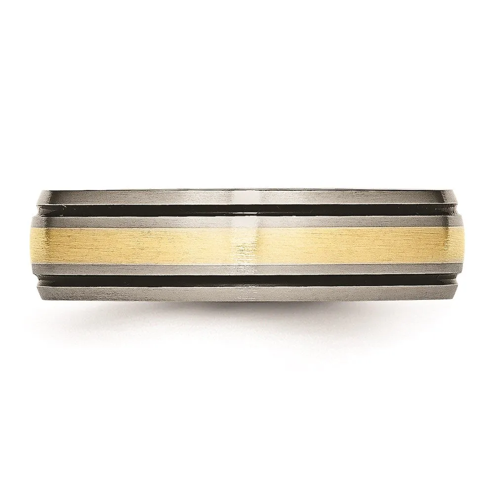 Titanium Grooved 14k Yellow Inlay 6mm Brushed and Antiqued Band | TB108