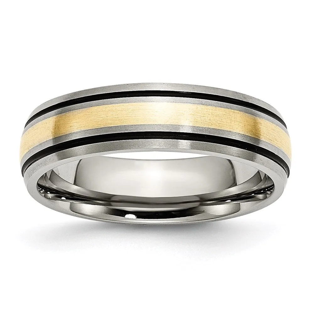 Titanium Grooved 14k Yellow Inlay 6mm Brushed and Antiqued Band | TB108